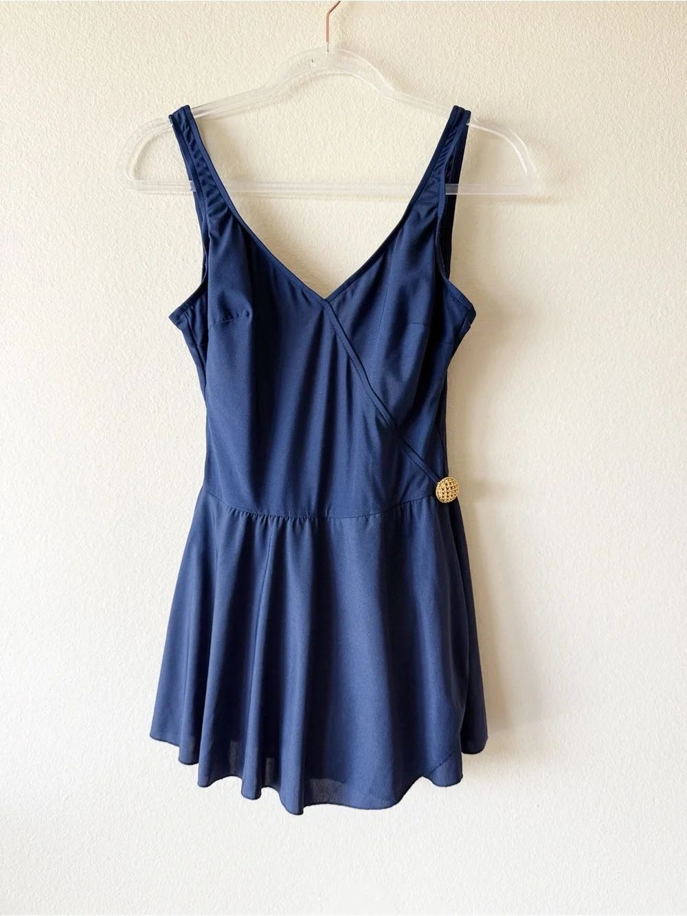 Longitude Navy Faux Wrap Swim Dress Gold Button One Piece Size 14